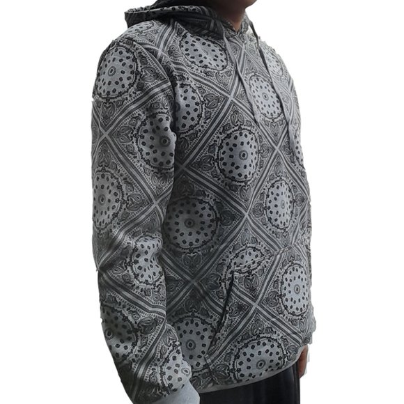 Mens Bandana Print Grunge Hoodie Pullover Grey Printed Sweatshirt - Picture 3 of 4